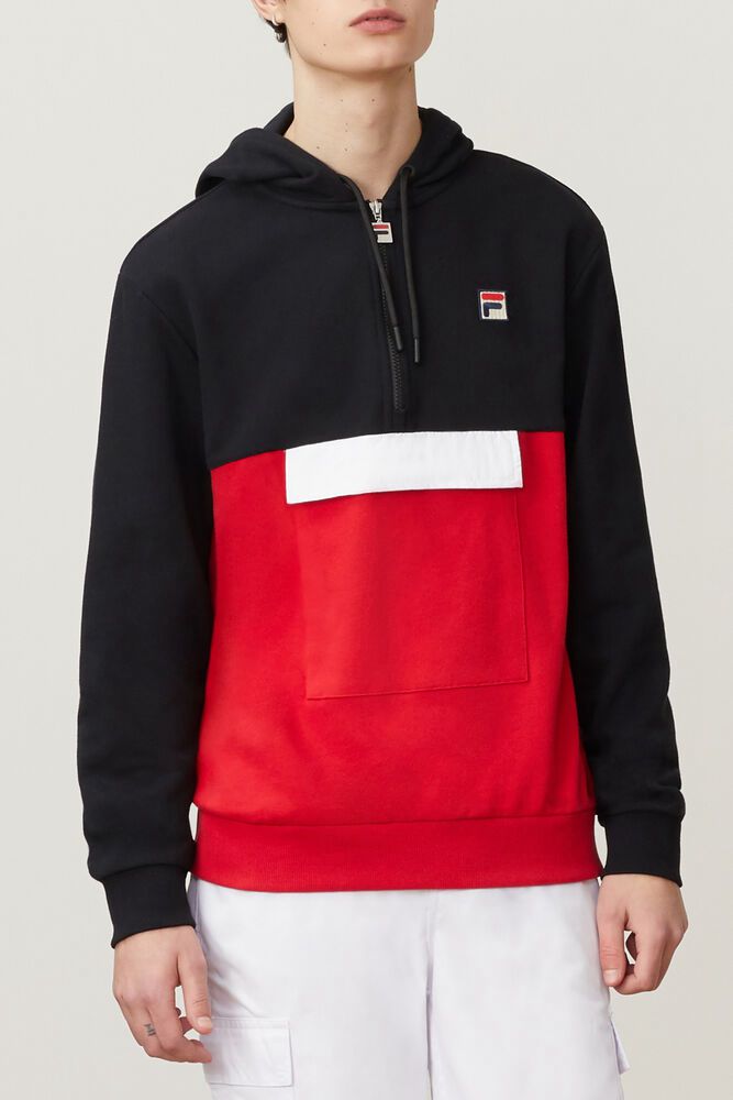 Fila Hector 1/2 Zip Hoodie Black/Red - Mens - 92865ZGFP